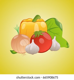 Vector image of vegetables together on a yellow background