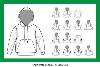 Vector image version children sweatshirt with hooded sleeves raglan cuffs pockets stripe on elbows. Front and back views