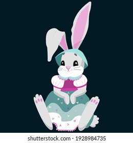 Vector image of a very cute cartoon bunny sitting in a beautiful dress and hat in pink and turquoise colors. Children's illustration, picture for Easter.