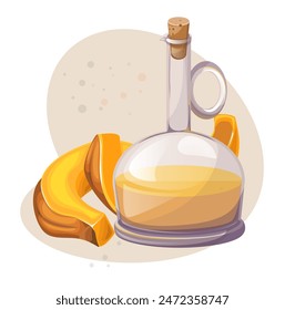 A vector image of a vessel with vegetable oil and several pumpkin slices, indicating that this oil is ideal for cooking pumpkin, or is itself pumpkin oil. EPS 10