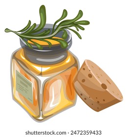 Vector image of a vessel with vegetable oil and a sprig of marinade, as piquant complementary to each other. EPS 10