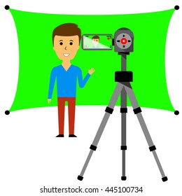 Vector Image video blogger with chromakey and video camera on a tripod