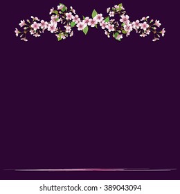 Vector Image - vignette. Postcard square shape decorated with branches of the cherry blossoms.