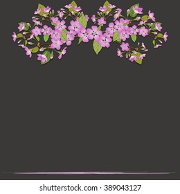 Vector Image - vignette. Postcard square shape decorated with branches of the cherry blossoms.