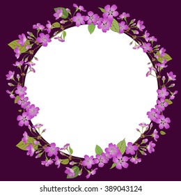 Vector Image - vignette. Round frame decorated with branches of the cherry blossoms.