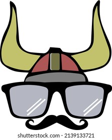 Vector Image of Viking Helmet With Glasses and Mustache on White Background.