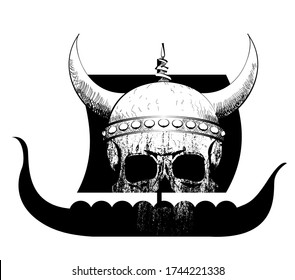 Vector image of a Viking ship silhouette with a white skull superimposed isolated on white