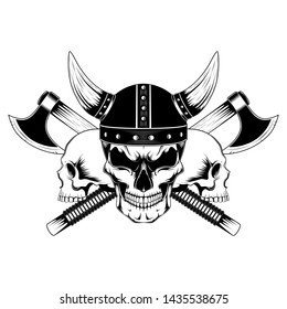 Vector image of a viking skull with skulls and axes.