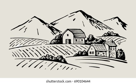 vector image of village and landscape farm