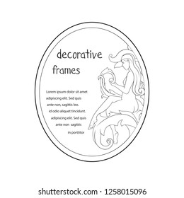 Vector image. Vintage baroque frame. Acanthus foliage swirl decorative design element. Scroll ornament engraving border floral. Curly pattern with a woman