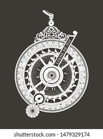 Vector image of a vintage clock mechanism with the zodiac circle