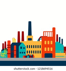 Vector image of vintage factory coloured in bright red, blue and yellow. Flat design.