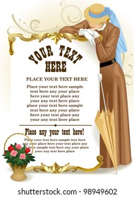 Vector image of vintage gold framed poster with standing woman in retro brown dress and basket with roses