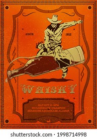 Vector image of vintage label with a cowboy riding a bottle for whiskey in art style on orange background. Framed Grunge western poster.  Web projects, magazine, book, label.