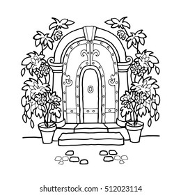 
vector image vintage wrought iron doors, a beautiful entrance to the house with columns and flowers