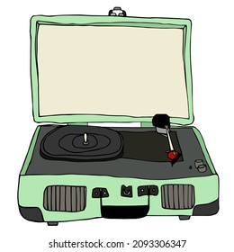 Vector image of a vinyl record player. Green color. Music. Hand-drawn. Logo design, posters, postcards, holiday invitations, decor, stickers.