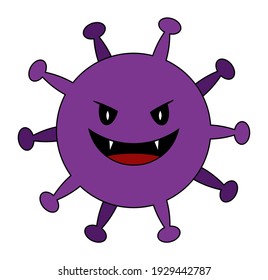 Vector image of violet color coronavirus bacteria with emoji face. The element is isolated, on a white background.