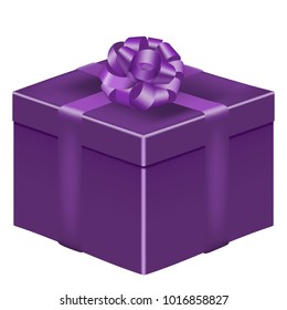 Vector image of a violet, realistic, gift box, banded band with a bow on an isolated white background.