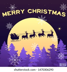 Vector image. Violet winter background with cartoon silhouettes trees. Merry Christmas.  Santa Claus flies in harness with reindeer over the forest. 