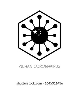 Vektorillustration einer Viruszelle mit Porzellanflagge. Coronavirus-Logo