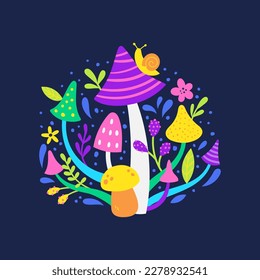 imagen vectorial de hongos vivos sobre fondo oscuro, ilustración conceptual brillante, bosque mágico