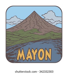 Vector image of a volcano Mayon on the background of nature and sky.square color thumbnail icon