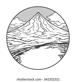 Vector image of a volcano Mayon on the background of nature and sky.round black white icon thumbnail
