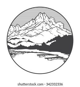 Vector image of a volcano Pelee on the background of nature and sky.round black white icon thumbnail