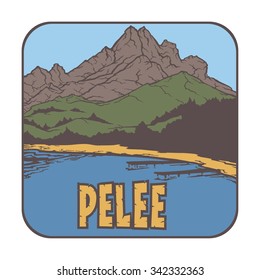 Vector image of a volcano Pelee on the background of nature and sky.square color thumbnail icon