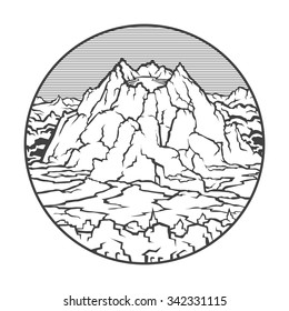 Vector image of a volcano Pinatubo on the background of nature and sky.round black white icon thumbnail