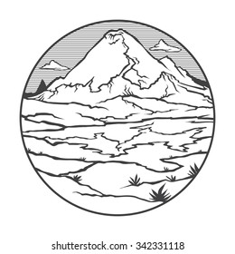 Vector image of a volcano Ruiz on the background of nature and sky.round black white icon thumbnail