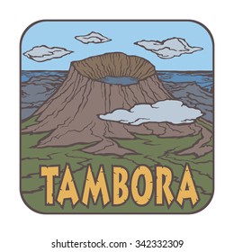 Vector image of a volcano Tambora on the background of nature and sky.square color thumbnail icon