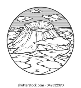 Vector image of a volcano Tambora on the background of nature and sky.round black white icon thumbnail