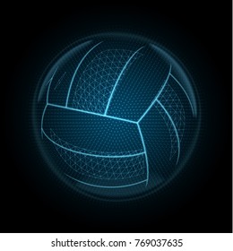 Vector image of a volleyball ball made of illuminated shapes. Sport illustration consisting glowing lines, points and polygons in the form of ball for beach volley. Abstract 3D neon wireframe concept