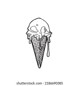 vector image of a waffle cone with a scoop of ice cream, black and white graphics in the style of a sketch on the theme of summer holidays, for embossing and coloring, sticker, logo, tag
