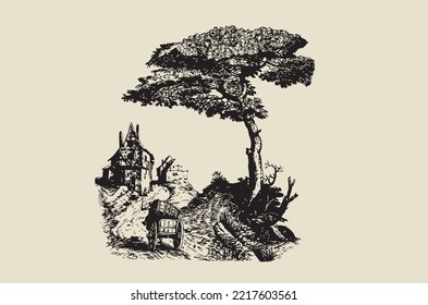 Vector image - wagon driving to a medieval village