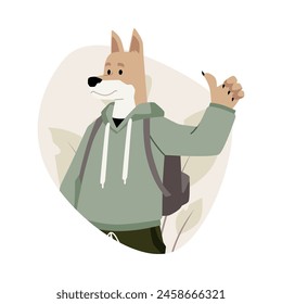 Vector image of a waist-deep dog in human clothing. Fluffy character with a backpack behind his back and a thumbs up against a background of leaves. Suitable for logos and stickers.