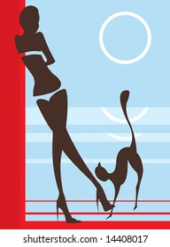 vector image of waiting woman and cat near sea