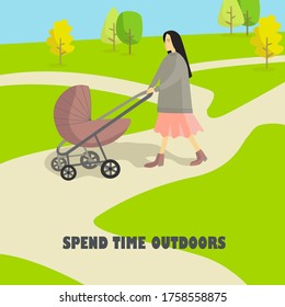 
Imagen vectorial, un paseo al aire libre en el parque. Madre joven caminando en un día soleado.