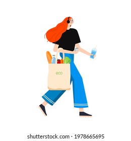 Vector image of a walking with healthy food in a reusable fabric bag. The concept of living without waste and preserving the environment. Zero waste, trending trends