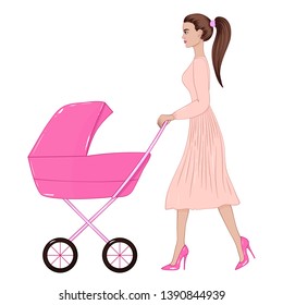 Vector image of a walking woman in a dress and high heels with a stroller. A young mother with a child. EPS 10.