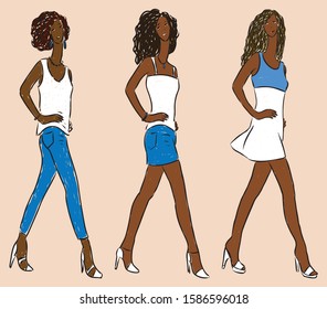 Vector image of walking young women in denim summer clothing