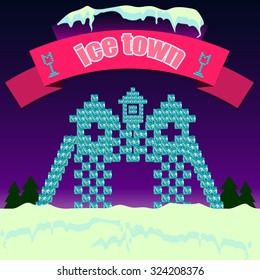 Vector image for wallpaper for a computer game, with the snowy town of ice cubes with towers and sign with the text on a purple background.