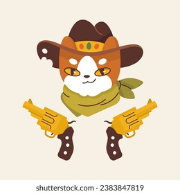 Vector image of a wanted bandit cat with revolvers. Children's colorful illustration on the theme of the Wild West. Cowboy cat for poster and print. Retro drawing.