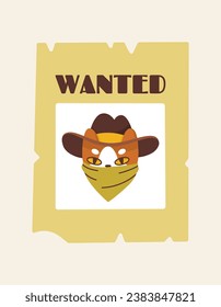Vector image of a wanted bandit cat. Children's colorful illustration on the theme of the Wild West. Cowboy cat for poster and print.