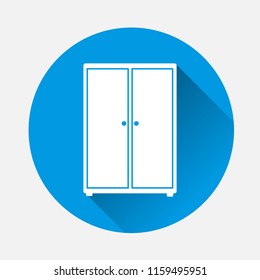 Vector image of a wardrobe icon for clothes on blue background. Flat image wardrobe with long shadow. Layers grouped for easy editing illustration. For your design.