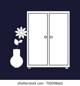 Vector image of a wardrobe icon  for clothes and  flower. Cupboard icon. Vector white icon on dark blue background.