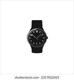 vector image of watch, black color, analog, white background.