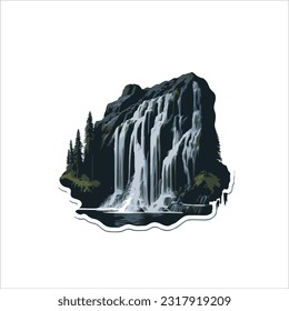 vector image of water fall, black, white, green, white background.