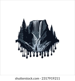 vector image of water fall, black, white, green, white background.